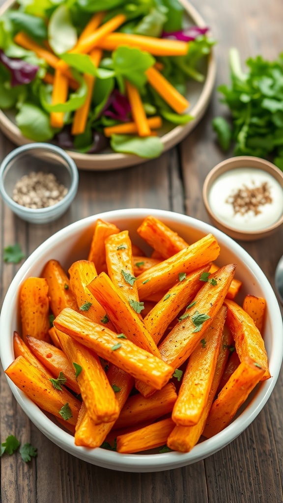 Crispy yam fries in a bowl, garnished with herbs, served with dipping sauce on a rustic table.